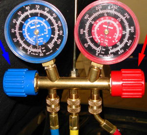 A closeup of a typical a/c manifold gauge set. The blue hoses, gauge, and valve knob represents the low pressure side of the air conditioning system, and red ones represent the high pressure side. The yellow hose in the center is designed specifically for recharging the system with canned refrigerant, and evacuating the system.