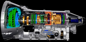 A closer look at a typical “transmission” designed to mount directly behind an engine. While it routes power from the engine through gears of various ratios, a single driveshaft exits the rear. Transmissions are not designed to be mounted in between left- and right-side axle shafts the way a transaxle assembly is.