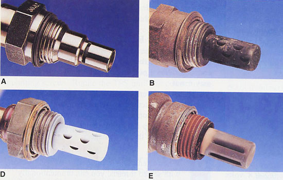 Shown in picture A is a new oxygen sensor. Picture B shows an O2 sensor fouled by oil, picture D shows a sensor fouled by excess carbon, and picture E shows an O2 sensor with normal wear.