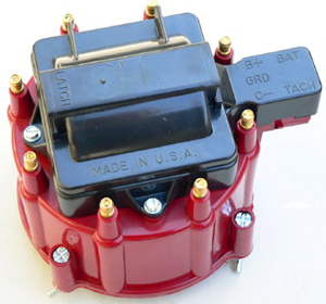 A look at the distributor cap that sits on top of a typical modern distributor with computer controls.