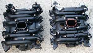 In this overhead view of an original factory Ford 4.6-liter plastic intake manifold (left) and an improved replacement (right), it’s easy to see how the OEM one lacks improvements such as fore-aft structural reinforcements, aluminum structural support in critical areas, better silicone seals, and strengthening around fitment areas.   Look for as many of these features as possible when purchasing a replacement plastic intake manifold.