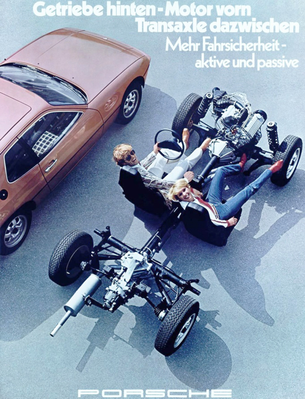 This German-market advertisement introducing the 1977 Porsche 924 highlights the model’s front engine, rear transaxle layout.