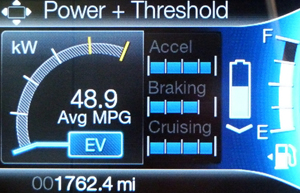 This photo of a Ford Fusion hybrid economy gauge allows a look at how typical hybrids use and display many fuel-saving techniques, such as regenerative braking.
