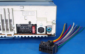 This picture shows a Sony aftermarket radio and the wiring harness provided with it.