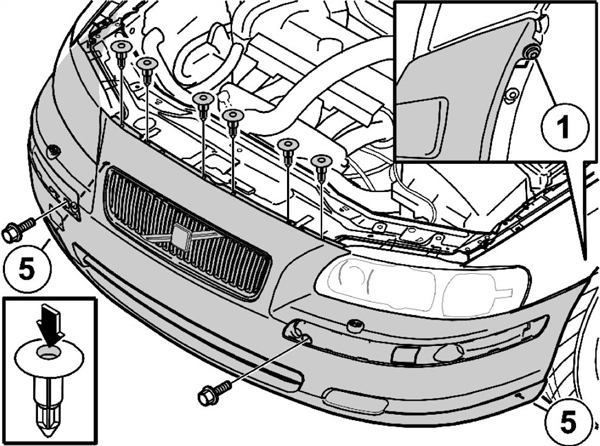 This illustration shows the typical locations of bolts and hold-down clips that need to be removed in order to take a front bumper cover off. Fasteners for rear bumper covers may need to be accessed through the trunk after removing one or more cover panels.