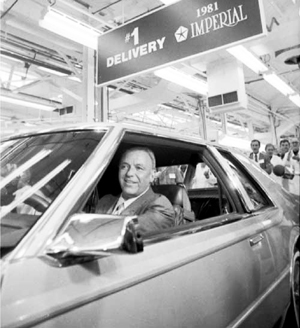 Frank Sinatra driving the first production Imperial off the assembly line in the summer of 1980.