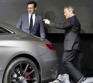 The 2015 Mercedes-Benz S-class coupe AMG model is on display all week at the NY Auto Show.  Here, actor Jon Hamm of AMCs "Mad Men" introduces the S63 AMG coupe to the press along with Mercedes USA CEO.