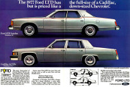 1977, ford, ltd, cadillac, ad, advertisement, deville, vs,