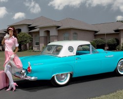 blue, 1955, Ford, Thunderbird. T-bird, girl