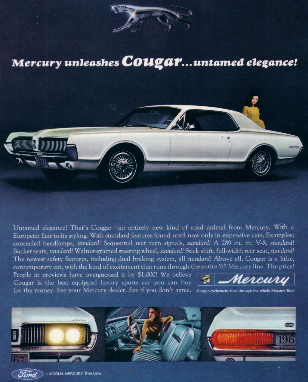 1967 Mercury Cougar ad with wire wheel covers