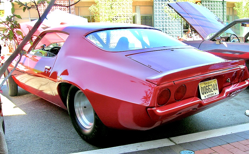 1972 Chevrolet Camaro Z-28 coupe, customized with wide rear racing slick tires for better track performance. 