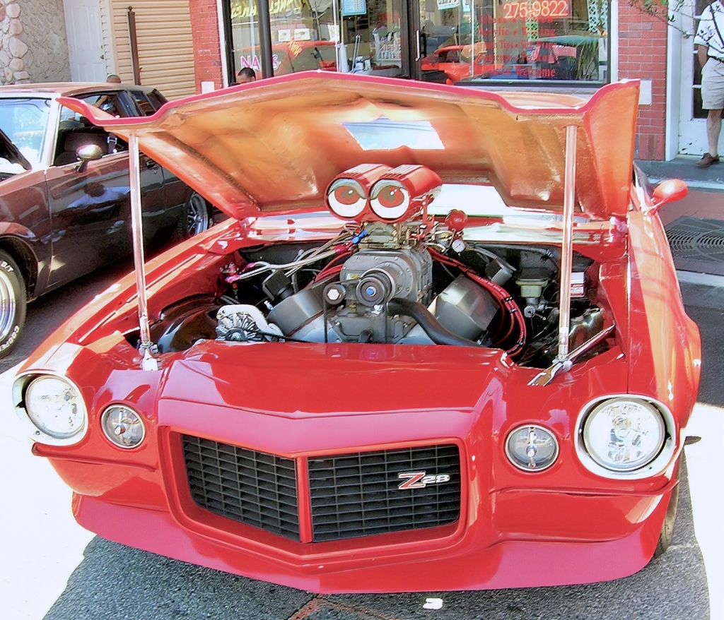 A 1972 Chevrolet Camaro Z-28 equipped with aftermarket supercharger.